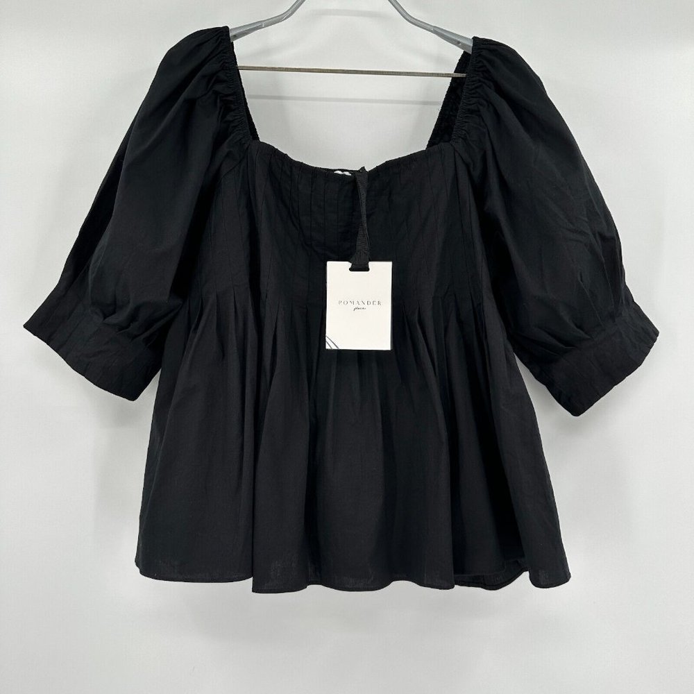 Pomander Place by Tuckernuck Black Shaye Blouse sz M NWT Puff Sleeve Pleated